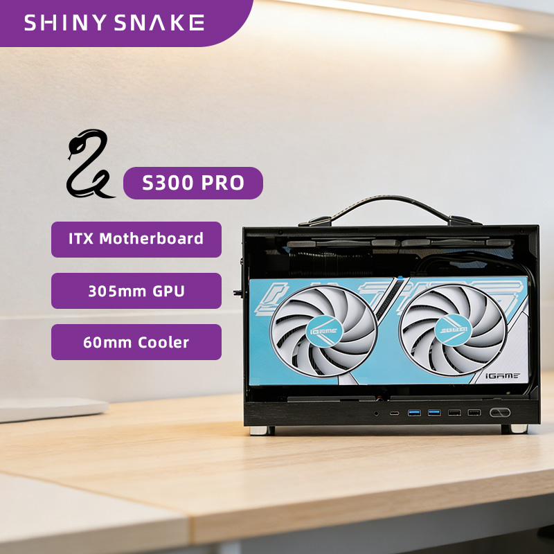 Shiny Snake S300 Pro - 8.5L MESH ITX シャーシ - 305mm GPU / 60mm クーラー / 3 ファン スロット、Gen3/4/5 ライザー ケーブル選択可能