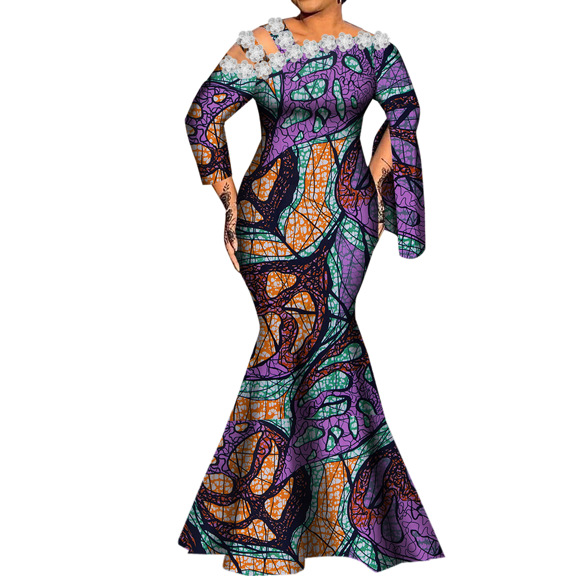 長袖アフリカプリント女性マキシドレス Dashiki バザンリッチアフリカ服女性のためのコットンフォーマルイブニングドレス WY9872