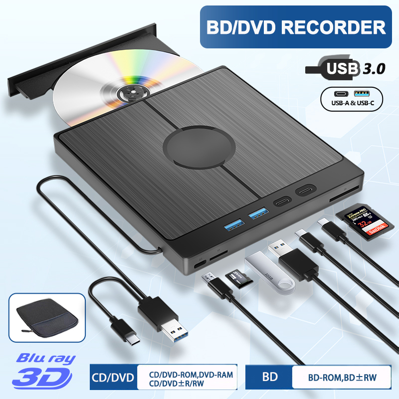7-in-1 外部ブルーレイ光学ドライブポータブルブルーレイプレーヤー CD DVD レコーダーバーナーリーダーラップトップ PC Windows Mac 用