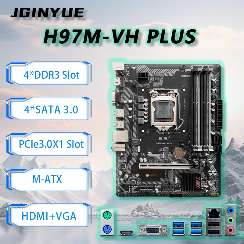 JGINYUE H97M-VH PLUS マザーボードはインテル 4/5th DDR3 M-ATX 32GB RAM デスクトップ PC PCIe3.0 オフィスビデオ MOBO をサポートしています
