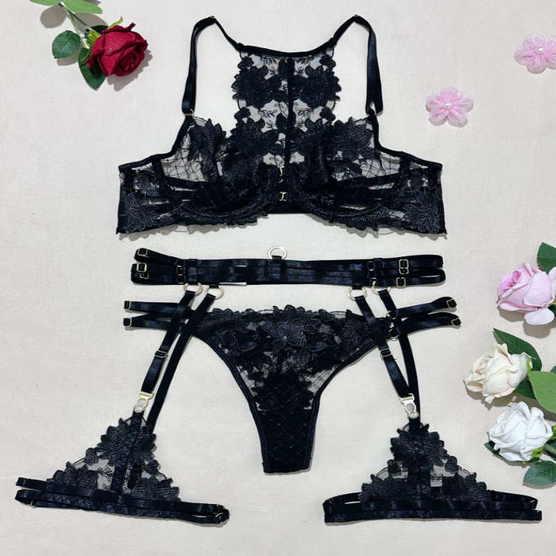 Bikini Fashion Complex Craft Embroidery Cross Strap Sexy Lingerie Push-Up Underwire Four-Piece Set