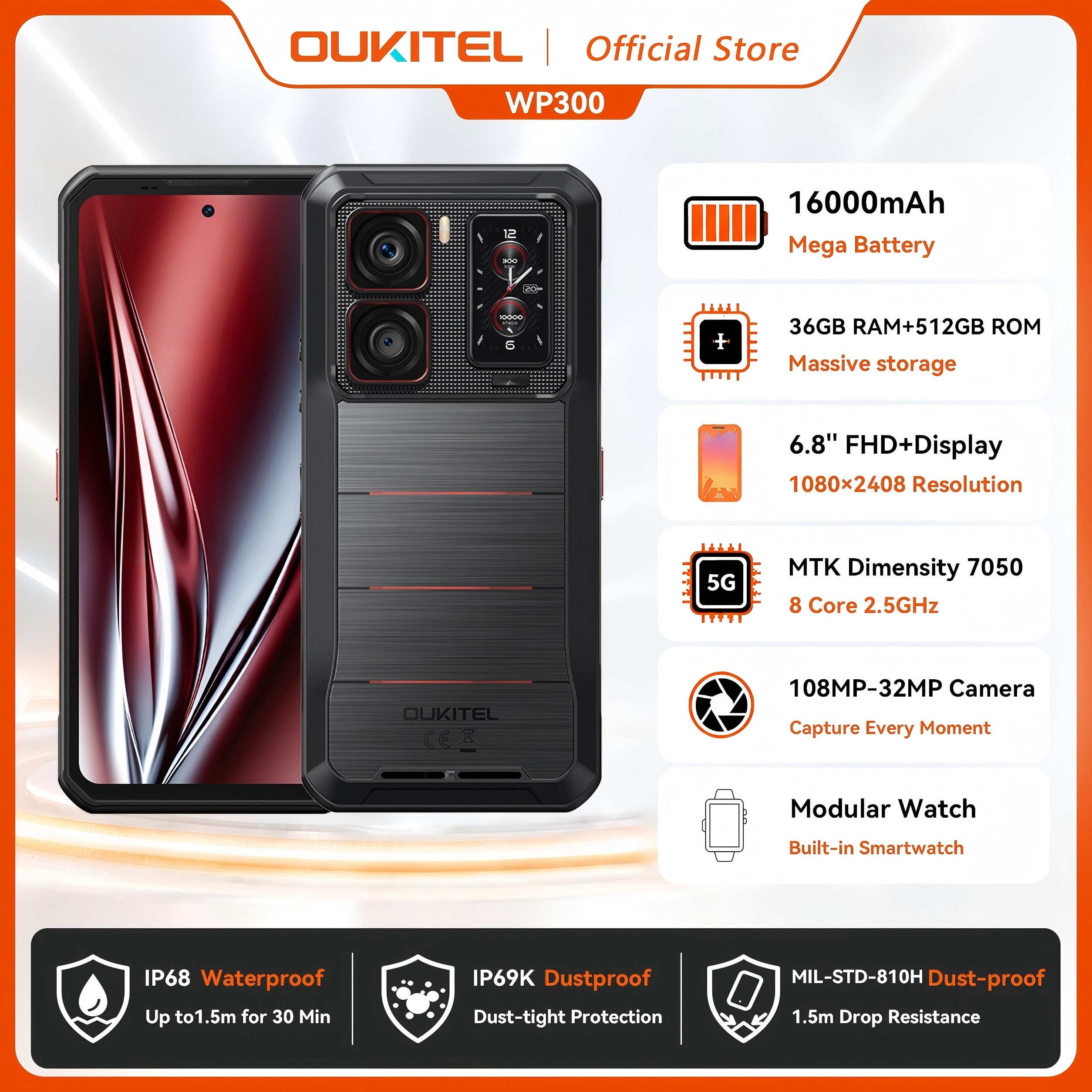 Oukitel WP300 頑丈な電話 16000mAh 36GB（12 24）GB 512GB モジュラー取り外し可能なイヤホン/キャンプライト 6.78 インチ FHD 120Hz 108MP 携帯電話