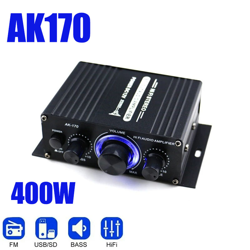 AK170 ミニデジタルパワーオーディオカーアンプブルーライトステレオオーディオアンプホームシアタークラブパーティー音楽 200Wx2 電源