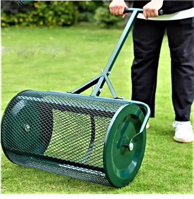 Push-pull fertilizer and seed spreader;芝生、庭園、林業用の鉄メッシュローラー。 for top-dressing with soil, mulch