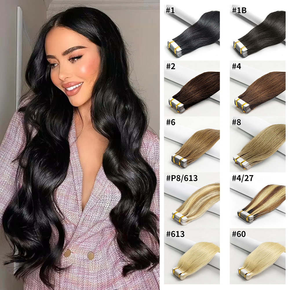 テープでヘアエクステンションレミー人毛 20 個ストレートシームレススキン横糸テープヘアエクステンション自然な黒髪女性のための