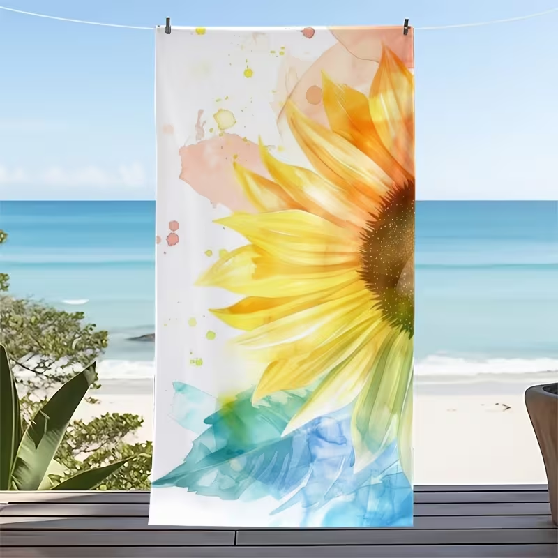 Watercolor Sunflower Print Beach Towel Boho Floral Design Soft Quick Dry Absorbent Beach Blanket for Summer Beach Travel Camping