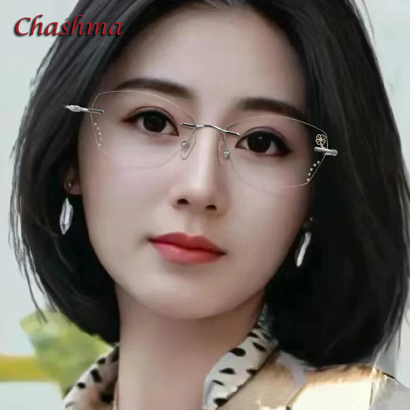 Chashma 女性高級メガネフレームグリッターエッジラインストーン光学眼鏡リムレス光眼鏡女性ガラス石