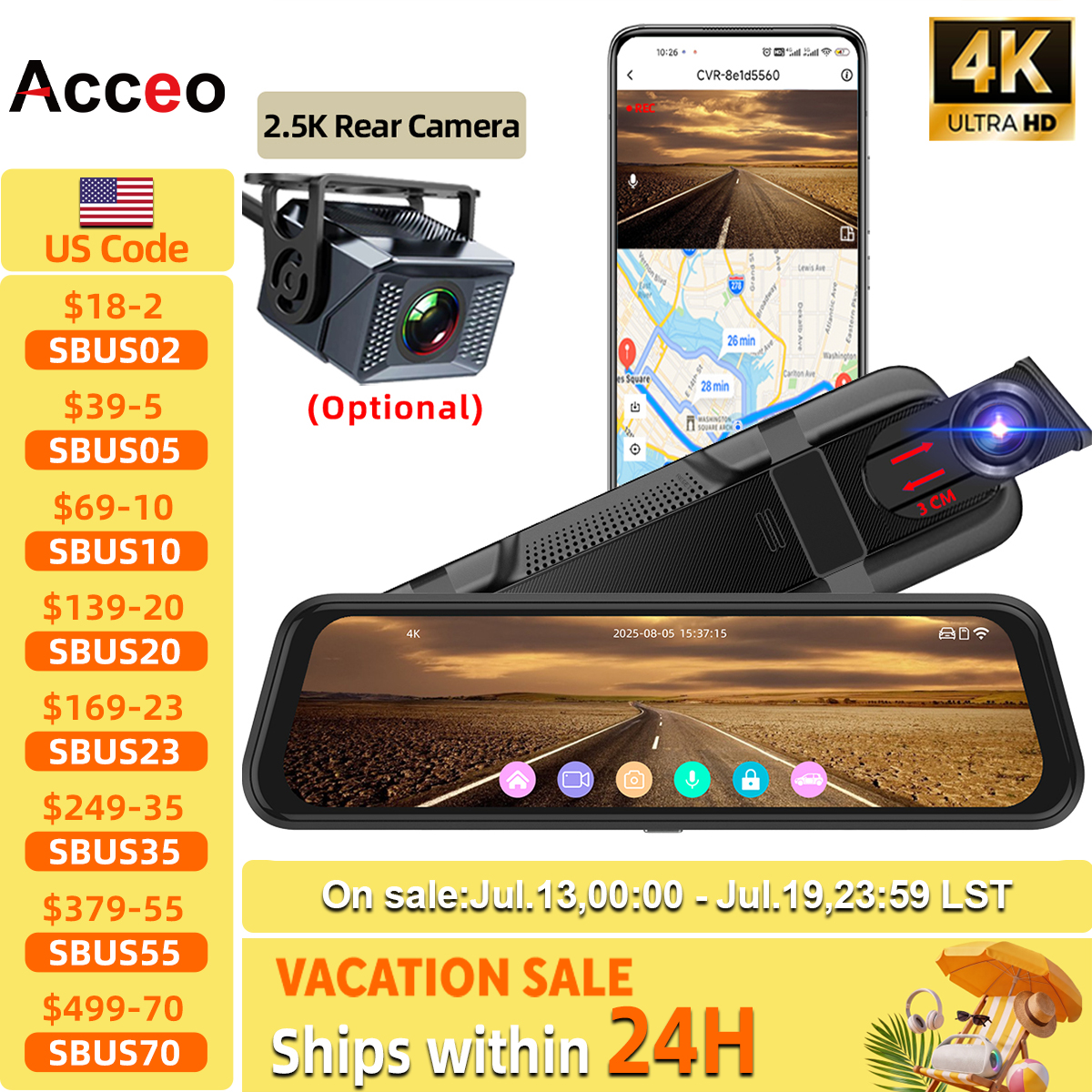 Acceo 4K ダッシュカム 9.66 インチ タッチスクリーン 車ミラービデオレコーダー サポート 2.5K リアビューカメラ WIFI GPS ADAS ダッシュカメラ ブラックボックス