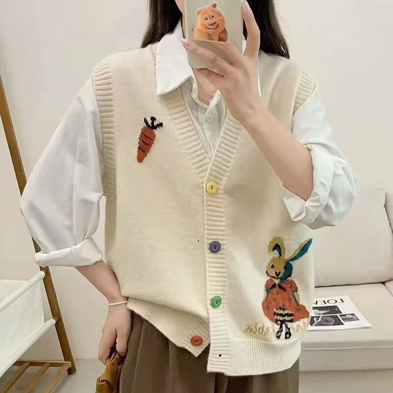 2025 Cartoon Rabbit Jacquard V Neck Knitted Vest Sweater Women Autumn Outwear Loose Sleeveless Sweater Cardigan Fashion Y2k Tops
