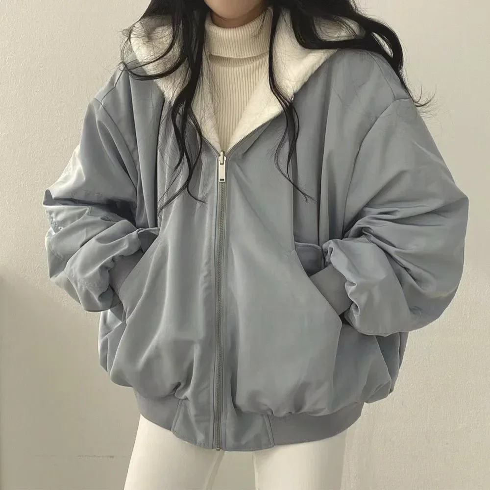 特大両面フリースコート女性のフード付きジャケット厚く暖かいベルベットパーカー韓国のファッションカジュアルルーズジップジャケット女性