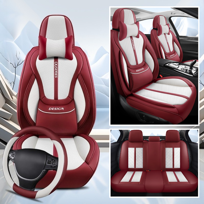 プレミアム PU レザー自動車シート カバー セット ランバー サポート内蔵 ヘッドレスト カバー 2 個 ステアリング ホイール カバー 1 個 快適