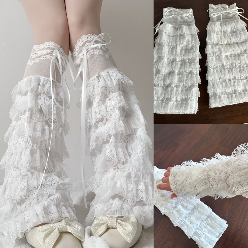 新しい日本のサブカルチャー Y2k 多層スリーブガード女性甘いレースの弓フリルレギンスロリータケーキメッシュロングフットカバー