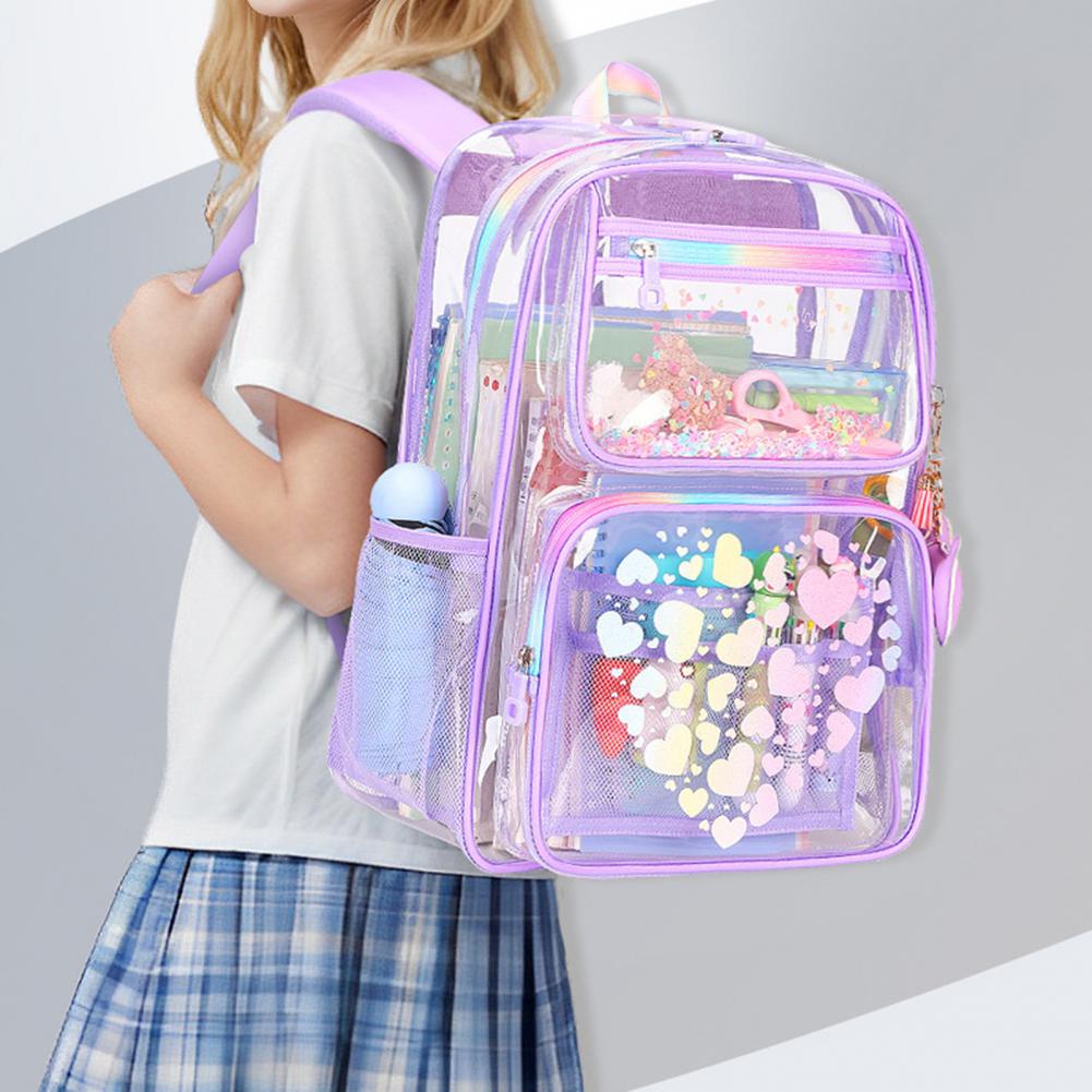 学校用透明バックパック 防水バックパック ラブハートプリント付き メインコンパートメント フロントジッパーポケット 男の子 女の子用