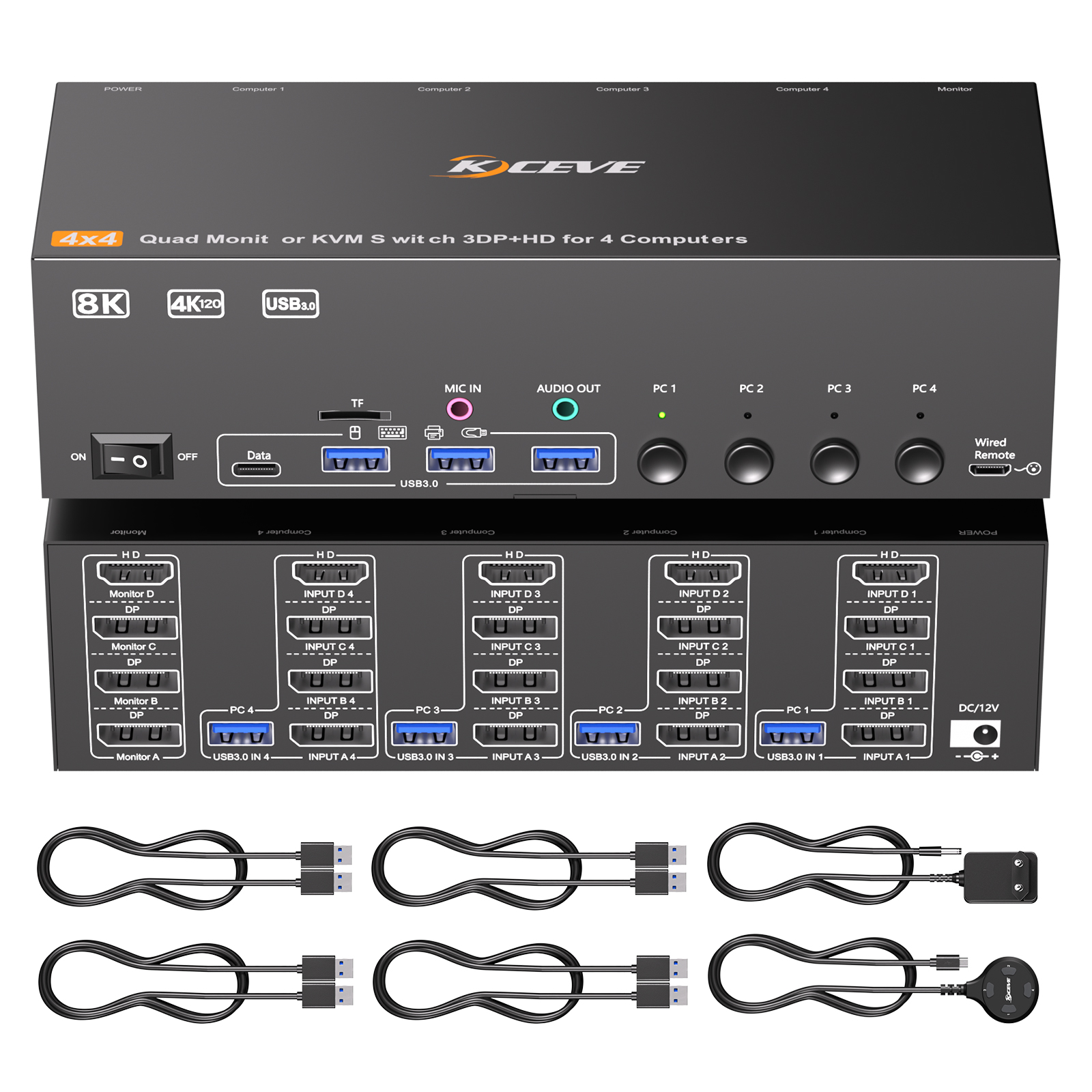 USB 3.0 KVM スイッチ 4 モニター 4/2 コンピューター HDMI DisplayPort、KCEVE 8K@30Hz/4k@144Hz 4/2 PC 共有用 4 ディスプレイ 4 USB 3.0 デバイス
