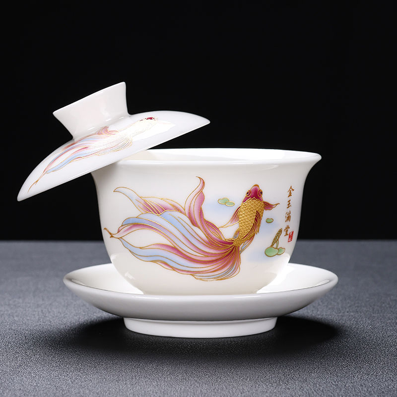 Suet Jade Porcelain Sancai Gaiwan、ホバリングティーカップ、ホワイトセラミックシングルティーボウル、サスペンションティーセット、チュリーン、家庭用茶器