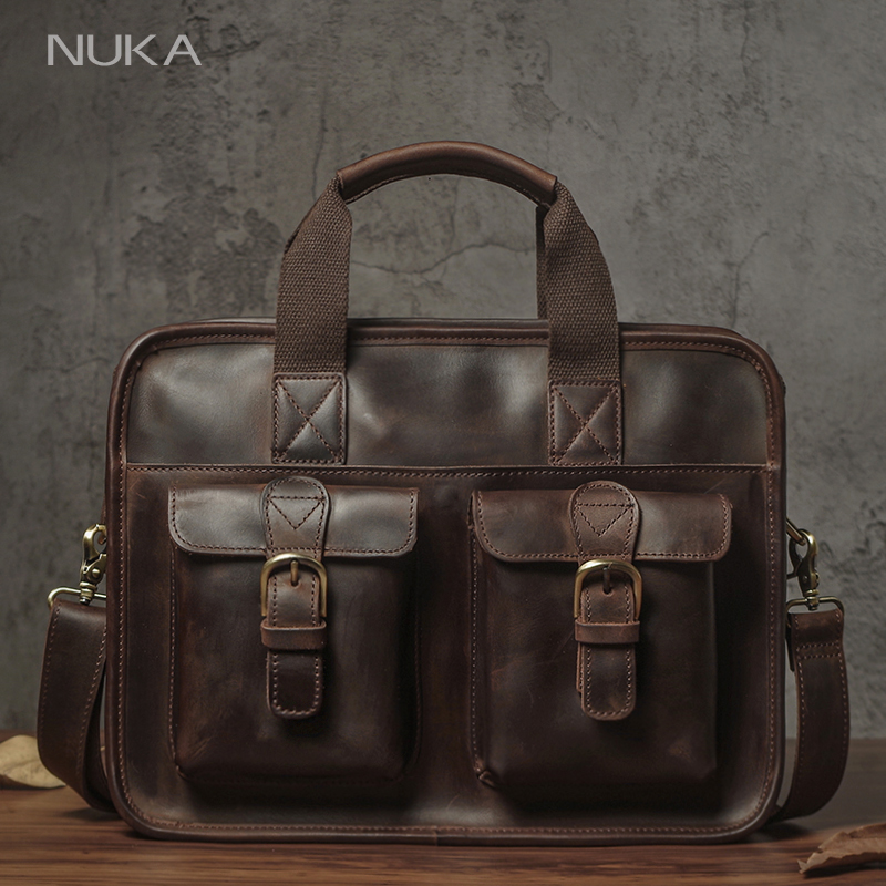 NUKA レトロ天然牛革ハンドバッグメンズリアルレザーエグゼクティブブリーフケース高級ビジネスショルダーバッグデイリーファイルメッセンジャーバッグ