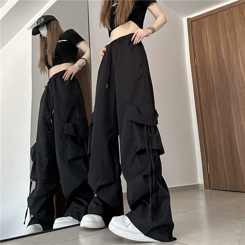 女性 Y2K カーゴパンツハイウエストストリートヒップホップズボン女性のビッグポケットカジュアルローウエスト巾着だぶだぶのスウェットパンツ