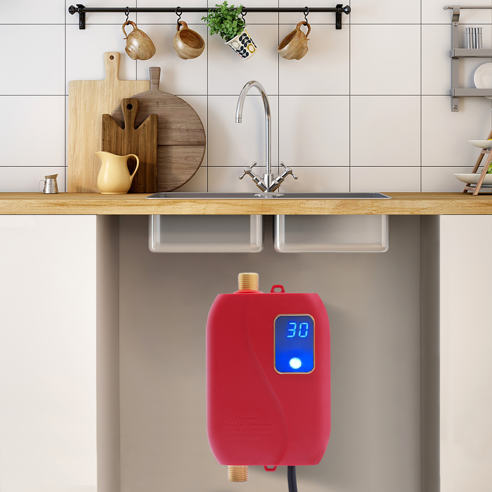 3000 ワットインスタント給湯器 68-122℉ キッチンミニ電気温水器デジタルディスプレイ付き赤いタンクレス給湯器