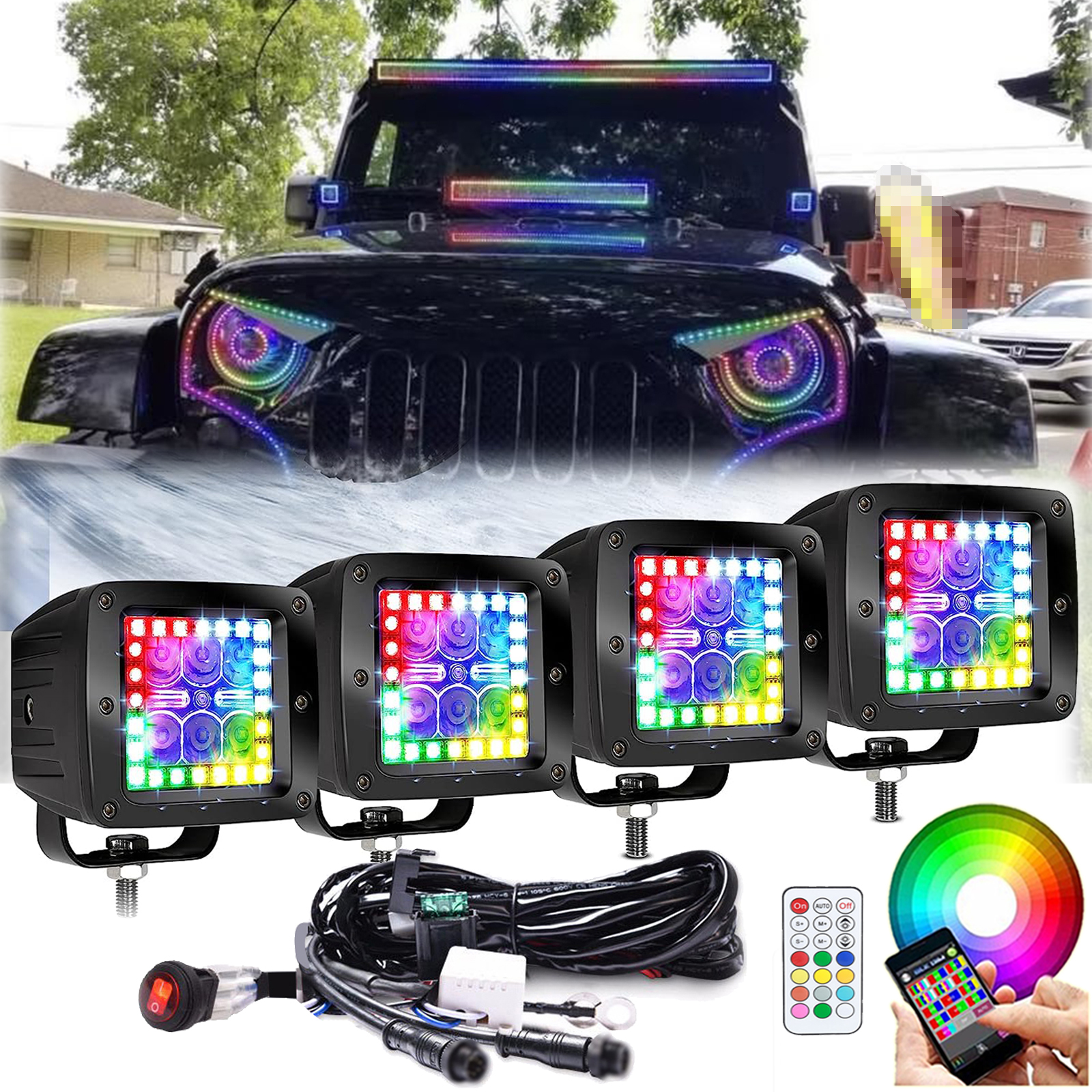 3 インチ 4 インチ 60W RGB LED ワークライト オフロード キューブ ポッド、追跡 RGB Halo マルチカラー アプリ付き