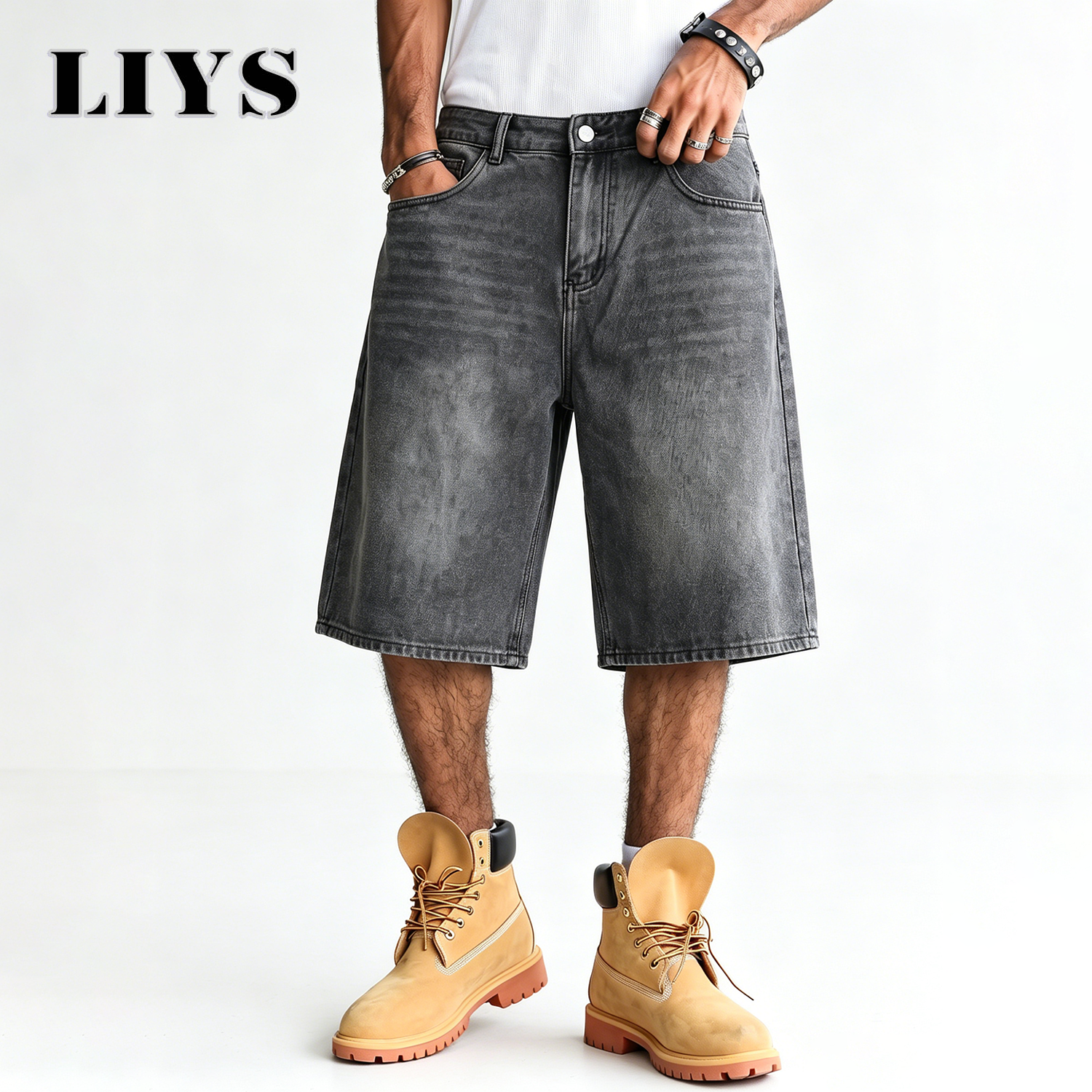 LIYS メンズ ヴィンテージ ウォッシュド ブラック バギー ジーンズ ショートパンツ カジュアル ストリート ジョルズ ルーズフィット ミッドレングス ジーンズ ショート ストリート ジーンズ
