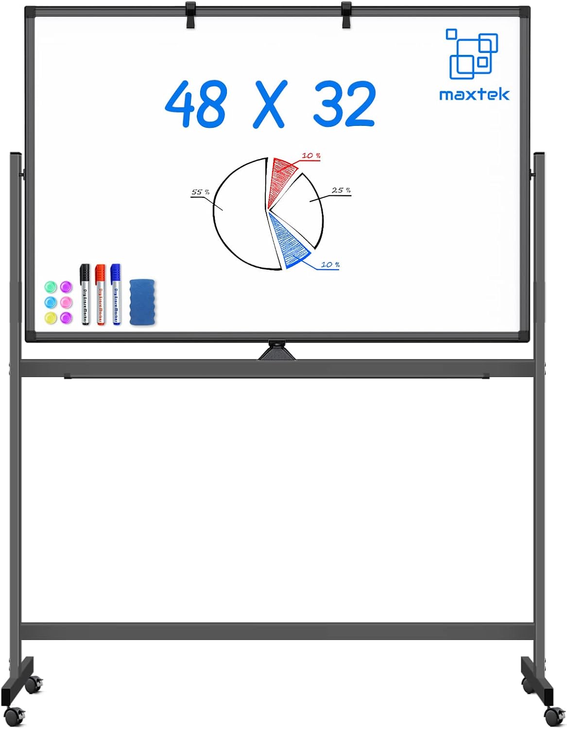両面式モバイルホワイトボード 48x32インチ、マグネット式ドライイレースボード（スタンド付き）、オフィス、教室、家庭用キャスター付きイーゼル、ブラック
