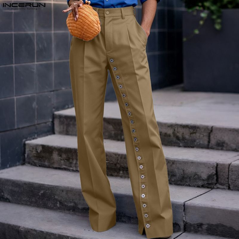 INCERUN メンズパンツ無地ボタンジョガールーズカジュアルストレートズボン男性ストリート 2026 ファッションパンツ Pantalones