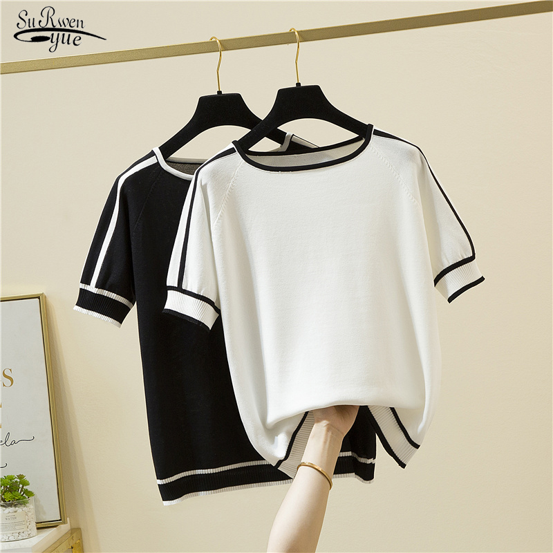 カジュアル薄型ニット Tシャツ Camisetas Mujer 夏半袖トップスエレガントな女性の服ストライプファッション Tシャツファム 18841