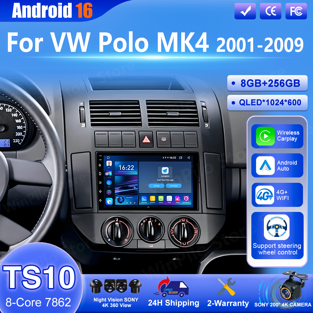 アンドロイド 16 カーラジオ VW ポロ MK4 2001 2002 2003 2004 2005 2006 2007 2008 2009 自動マルチメディアプレーヤー CarPlay GPS ナビゲーション
