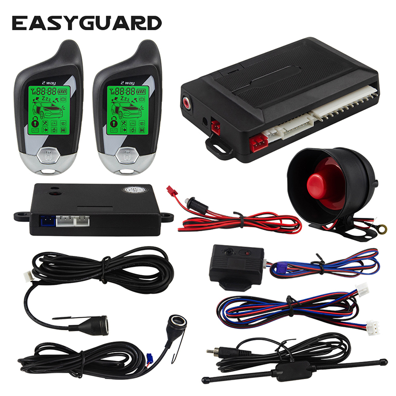 EASYGUARD 双方向カーアラームキーレスエントリーシステムリモートスターター液晶ページャーディスプレイ振動アラーム電子レンジセンサー警告 2 ウェイ