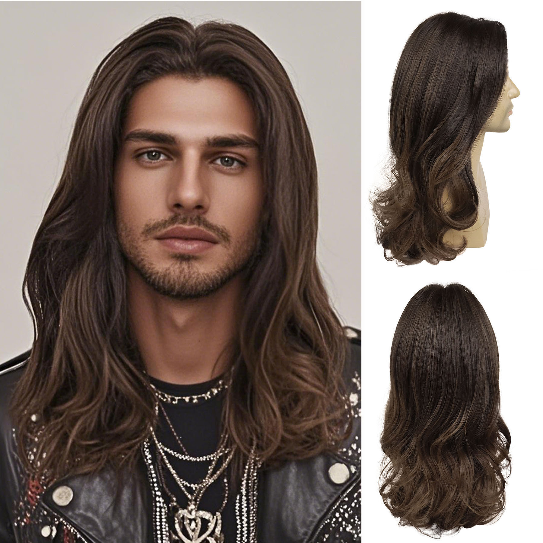 メンズヘアロングヘアカット合成中間分けブラウンカーリー波状かつら男性かつら毎日のパーティーパンクロックコスプレ衣装ウィッグ