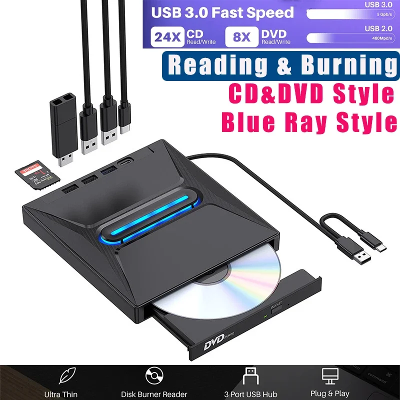 新しい外部ブルーレイ バーナー、CD DVD バーナー、DVD /-RW ドライブ SD カード リーダー、CD ROM バーナー、DVD プレーヤー Hub-Co (ラップトップ デスクトップ用)