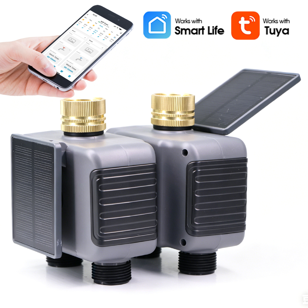 Tuya スマートソーラー 2 ゾーン Wifi タイマー IP55 2 ウェイガーデン時間指定灌漑コントローラー APP リモコン自動散水システム
