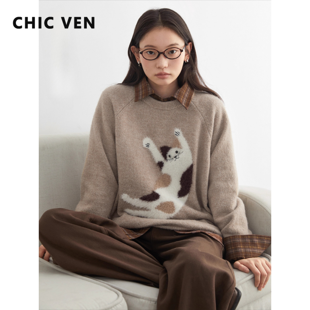 シック VEN 女性セータールーズカジュアル O ネックニット漫画猫暖かいニットジャンパー女性ジャンパープルオーバー秋冬 2025