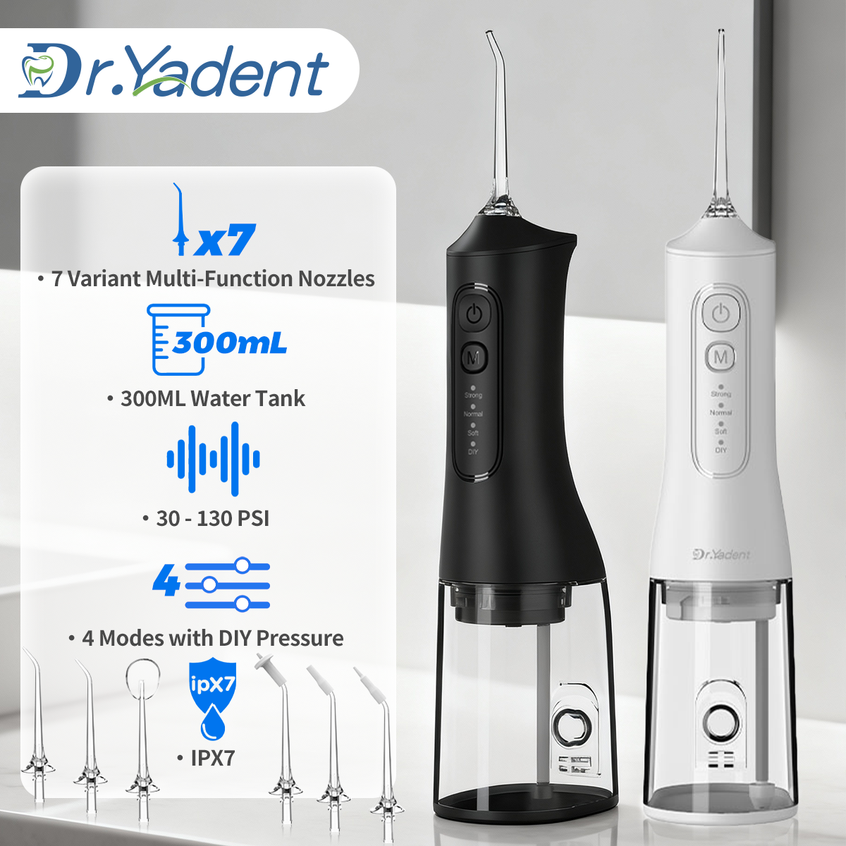 Dr.Yadent YD06 コードレス口腔洗浄器 WaterFlosser 300ML ポータブルウォータージェット USB-C 高速充電 7 ノズル 4 モード IPX7 防水