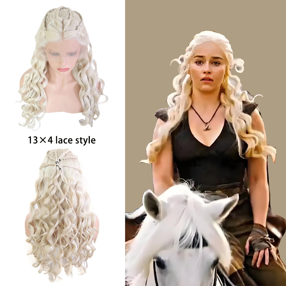 Daenerys Targaryen コスプレウィッグ 13*4 フロントレース複合毛、氷と火の歌ハロウィンカーニバルパーティーロングカーリーヘア