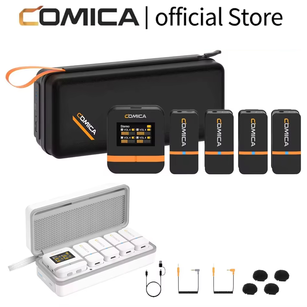 COMICA Vimo Q 4 チャンネルミニワイヤレスマイクワイヤレスラベリアマイク充電ケース付きカメラスマートフォン PC