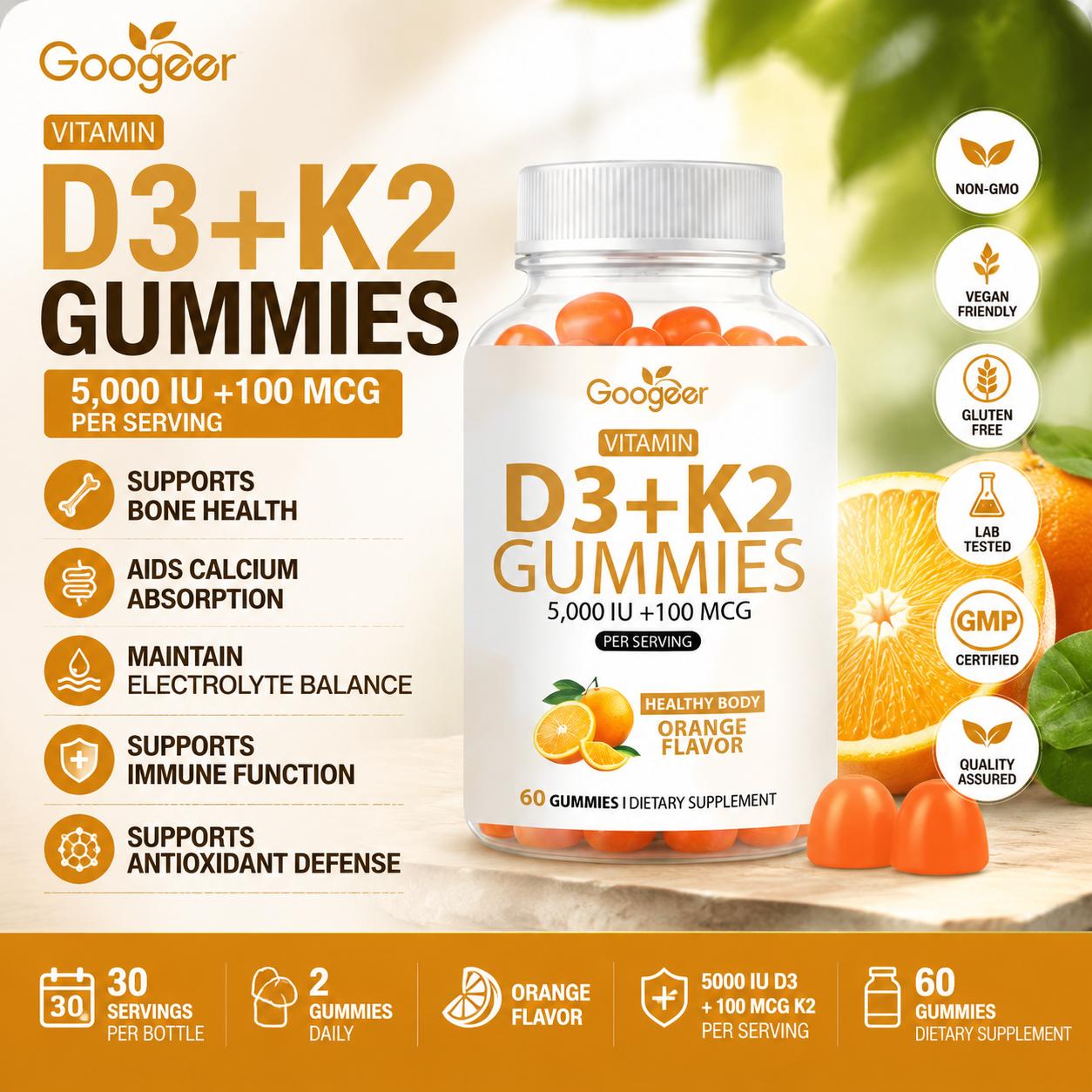 Googeer ビタミン D3 K2 グミ 大人用、K2 MK-7、骨の健康とカルシウムの吸収サポート、オレンジ味、グミ 60 個