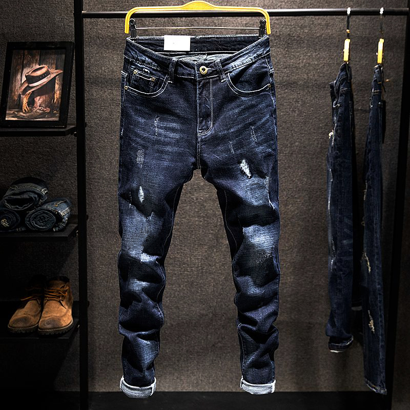 弾性ファッションジーンズ男性リッピングヴィンテージスリムデニムパンツヒップホップユーズド加工ほつれファッション紳士服パンツ