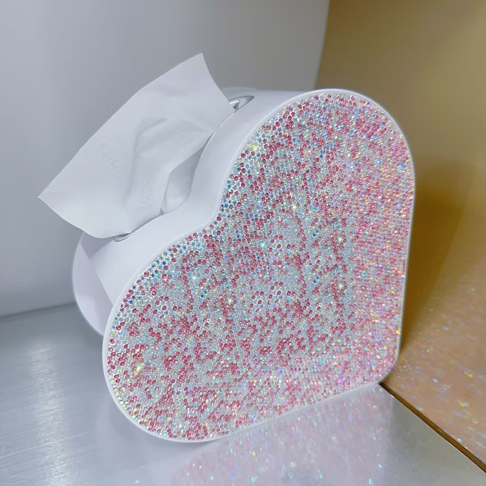 ラブハートタオルティッシュ収納ボックスプラスチックラインストーン装飾家庭用寝室オフィストイレットペーパーディスペンサーオーガナイザー