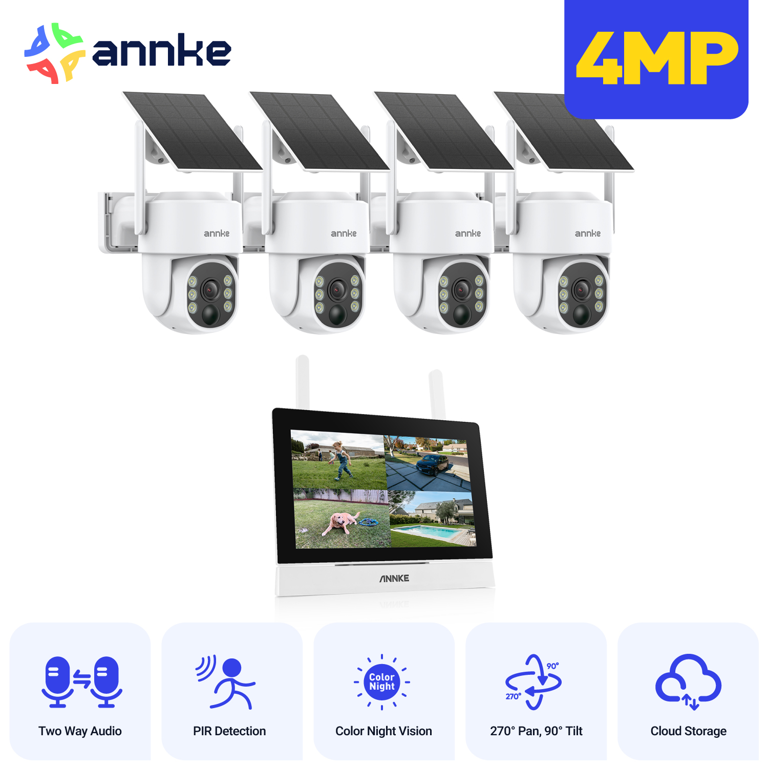 Annke 4MP 4 個ソーラーワイヤレスセキュリティカメラビデオ監視キット双方向音声 7 インチモニターモーション検出セキュリティ 4CH NVR