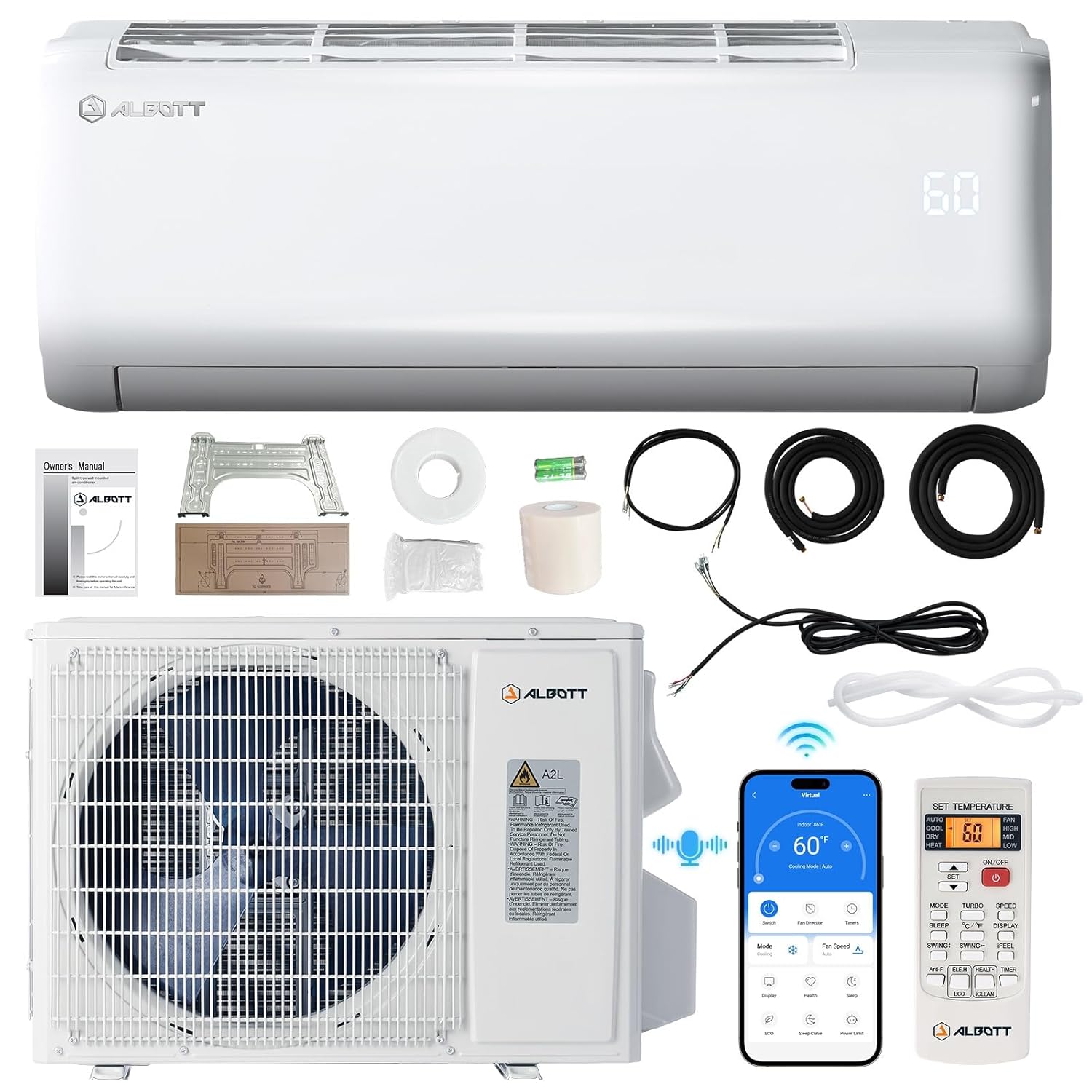 18000 BTU ミニスプリットエアコンヒートポンプ、SEER2 21、208-230V、Wi-Fi スマートコントロール付きインバーター AC、音声、カスタム