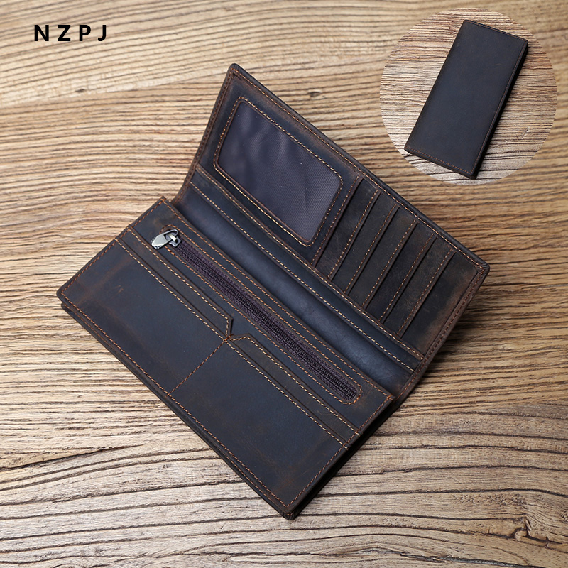 NZPJ ヴィンテージレザーメンズ財布マッドホースレザーロング携帯電話バッグ第一層牛革マルチカード ID バッグ