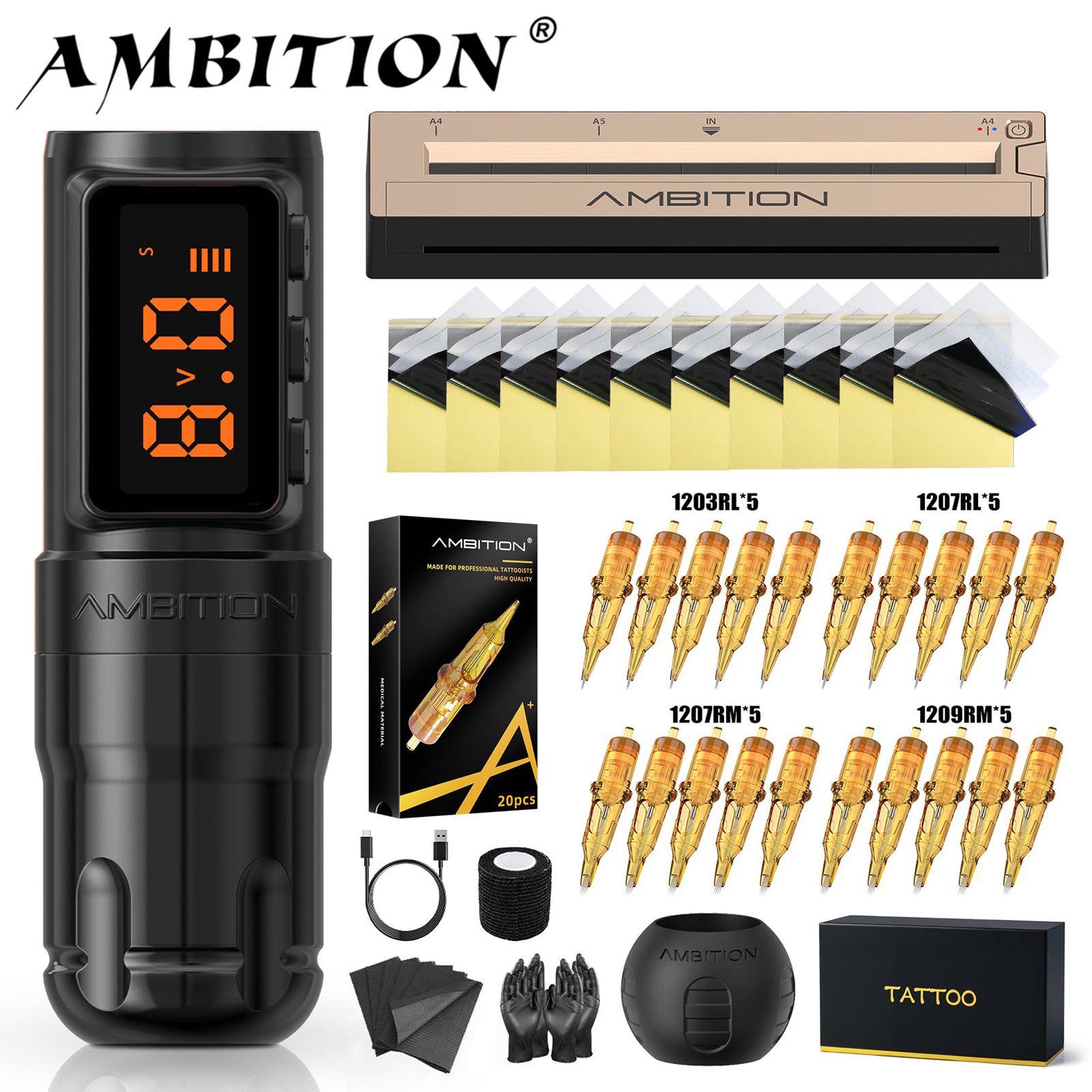 Ambition Bolt-X セット タトゥーマシン ペンキット ワイヤレスバッテリー付き タトゥー サーマルプリンター転写 アートメイク タトゥーガン