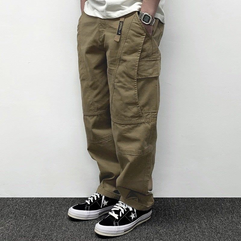 2026 Spring Men's Pants Multi-Pocket Cargo Pants Retro Solid Color Simple Loose Button Elastic Strap Casual Pants