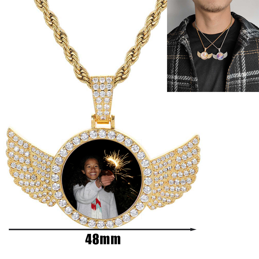 HHIOK カスタム 18 K ゴールドメッキ立方ジルコンフォトペンダントメダリオンウィングサークルペンダントネックレスパーソナライズ卸売