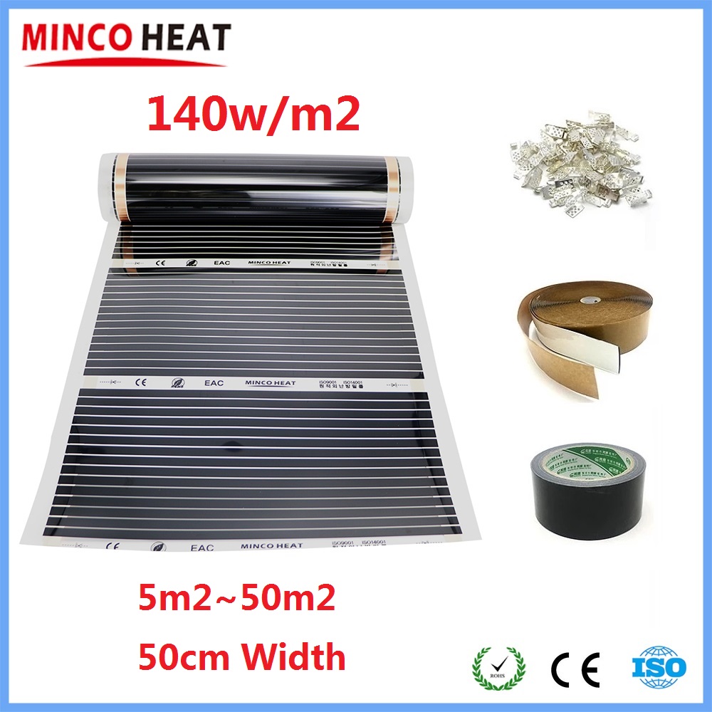 5 〜 50m2 140 ワット/m2 赤外線暖かい床暖房マット AC220V 50 センチメートル幅カーボン電フィルムクランプ絶縁ペースト
