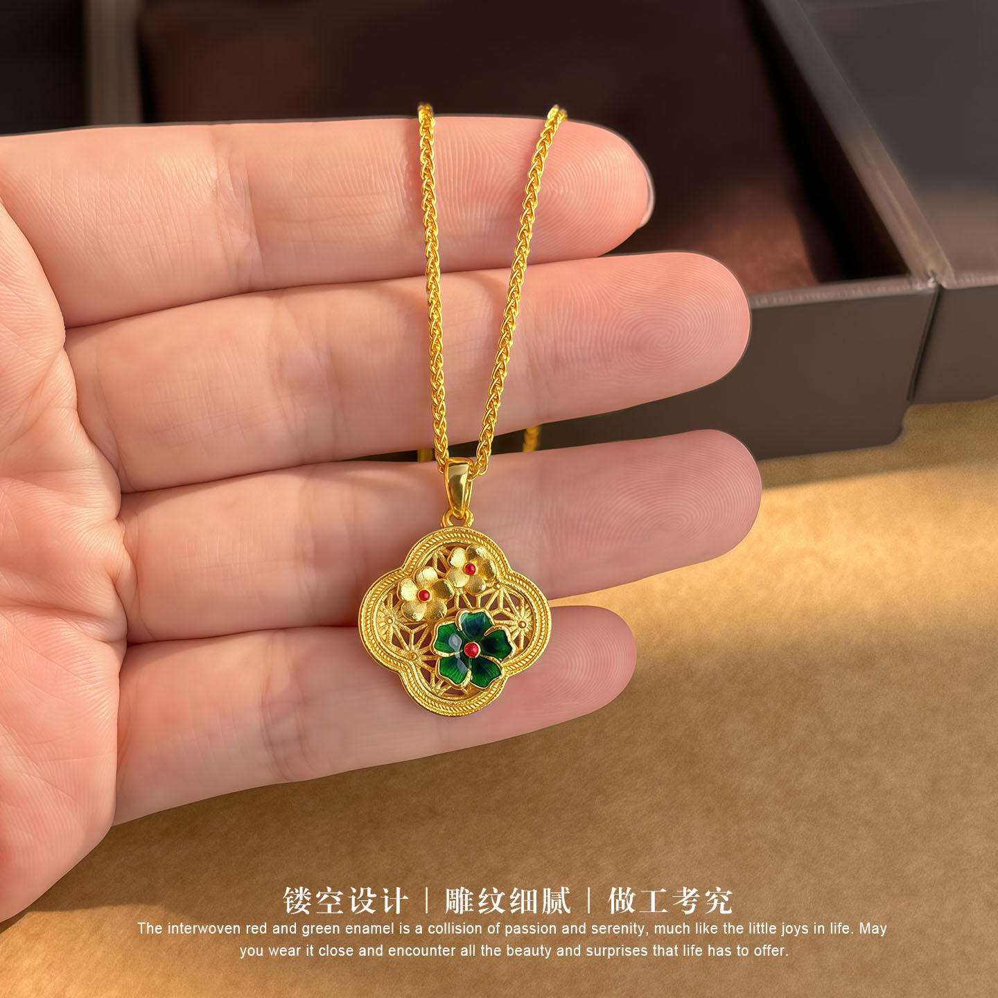 高級 24K 9999 純金リアルゴールドレディースエナメルフラワー中空クローバーペンダントネックレス
