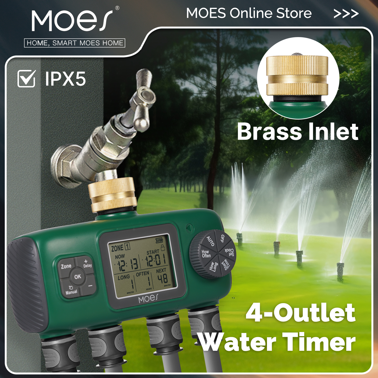 MOES 1/3/4 出口デジタル水タイマー - 真鍮入口 LCD ディスプレイ付きプログラム可能な灌漑、ノブボタン