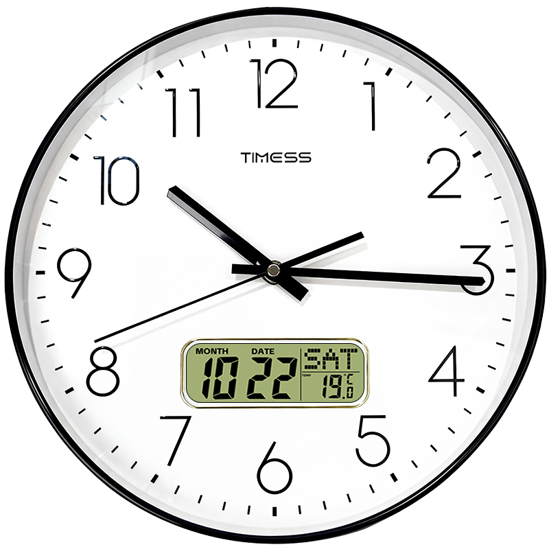 TIMESS 10/12/14 インチサイレント壁時計、日付と温度表示付き、電池式モダンなアナログ時計、キッチン、オフィス、教室、家の装飾用