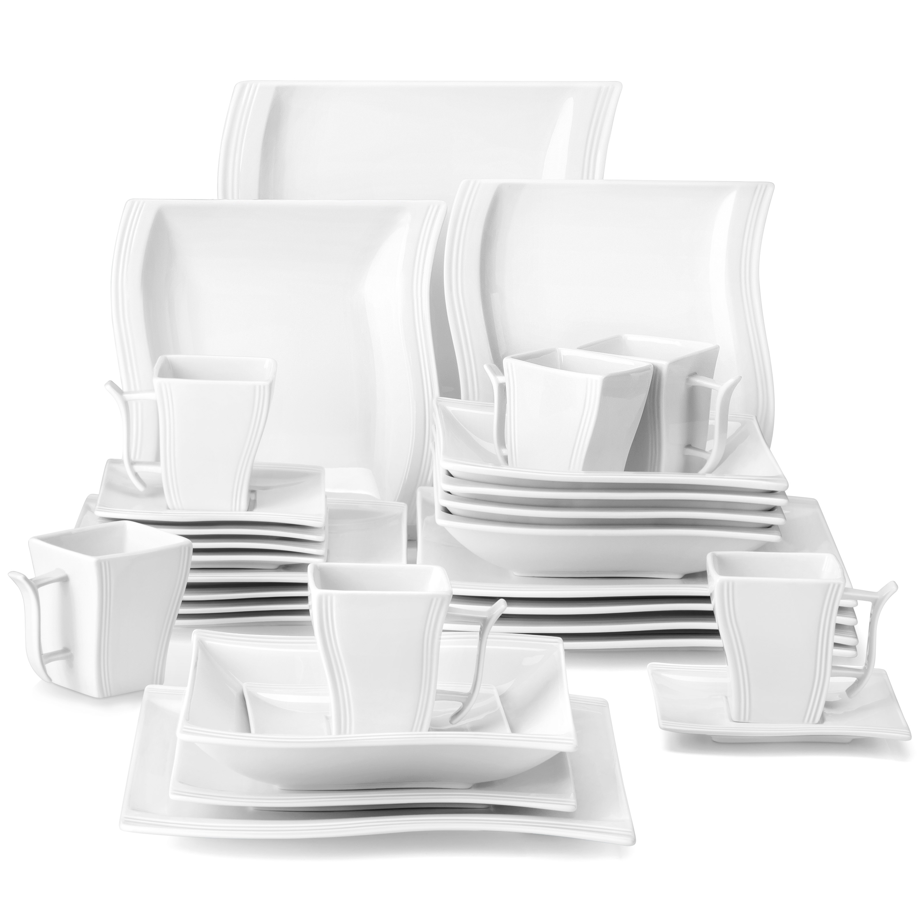 MALACASA FLORA 30/60 ピース 白磁ディナーセット 12 * カップ、ソーサー、デザートスープディナープレート食器セット 12 人用